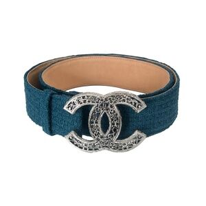 Chanel Tweed CC Teal Blue Green Wide Belt 08A 2008 sz 14/50